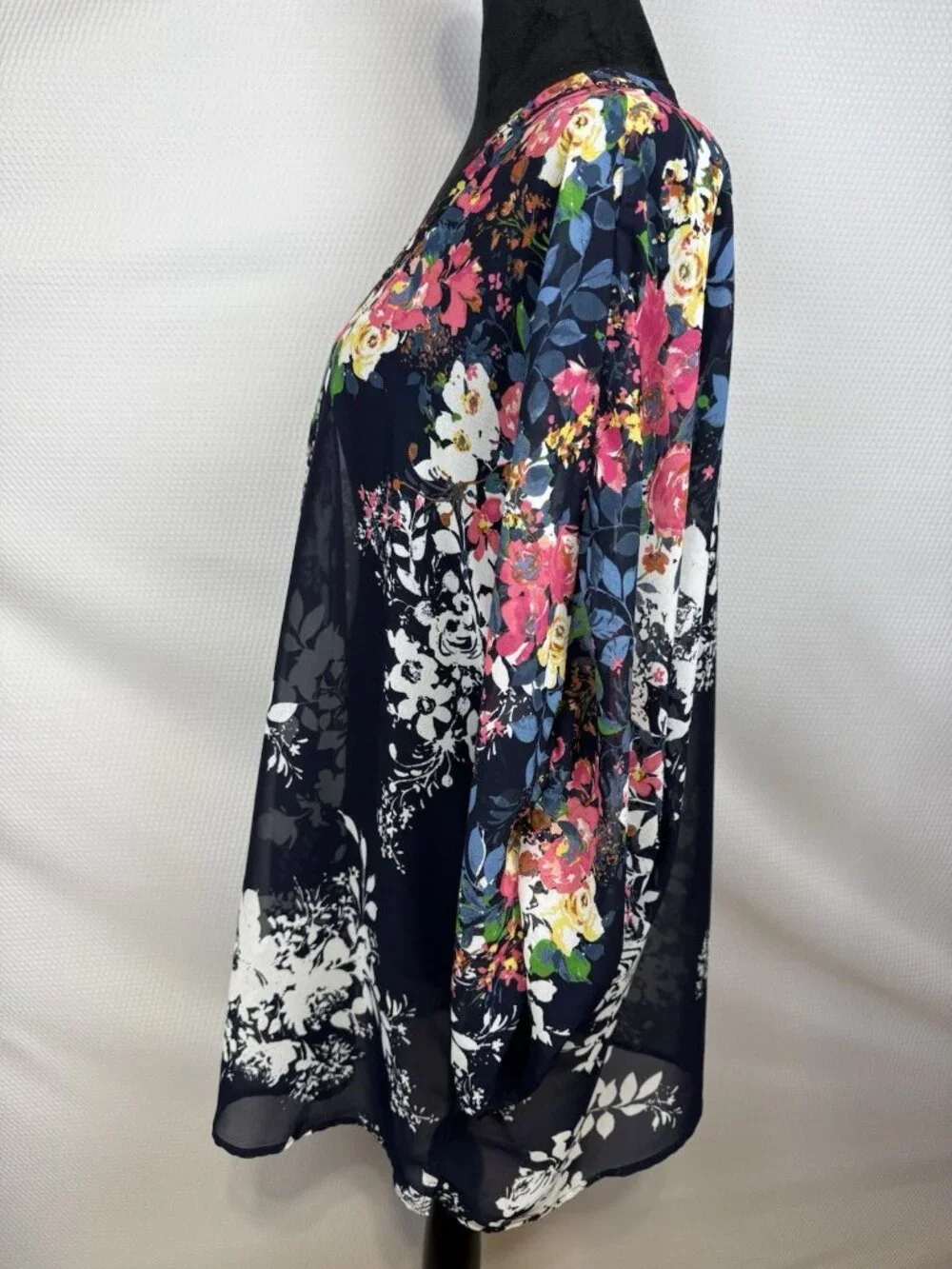 Roz & Ali Kimono Cardigan Womens 2X Plus Pink Blue Floral Sheer Open Front Boho - Picture 2 of 12